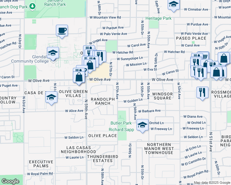 map of restaurants, bars, coffee shops, grocery stores, and more near 5667 West Townley Avenue in Glendale