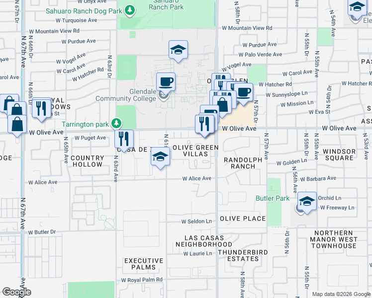 map of restaurants, bars, coffee shops, grocery stores, and more near 6056 West Golden Lane in Glendale