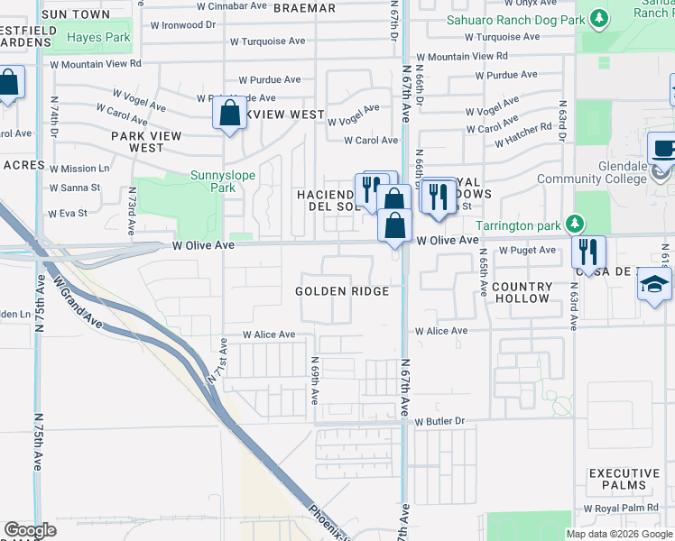 map of restaurants, bars, coffee shops, grocery stores, and more near 6855 West Townley Avenue in Peoria