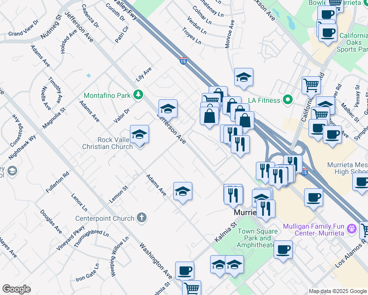 map of restaurants, bars, coffee shops, grocery stores, and more near 24409 Jefferson Avenue in Murrieta
