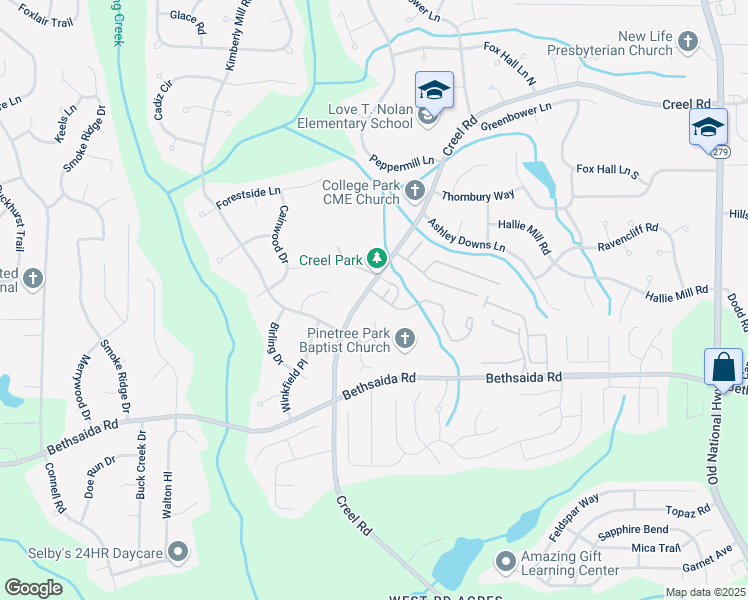 map of restaurants, bars, coffee shops, grocery stores, and more near 245 Woodhue Forest Lane in College Park