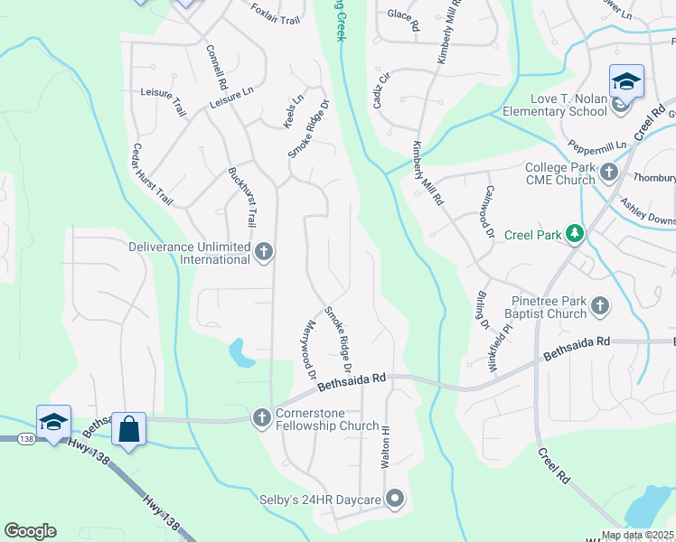 map of restaurants, bars, coffee shops, grocery stores, and more near 7139 Merrywood Drive in Fairburn
