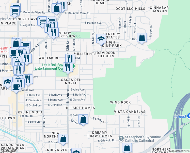 map of restaurants, bars, coffee shops, grocery stores, and more near 1401 East Puget Avenue in Phoenix