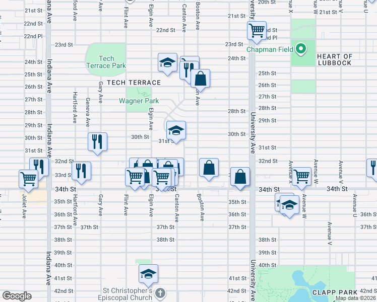 map of restaurants, bars, coffee shops, grocery stores, and more near 2707 31st Street in Lubbock