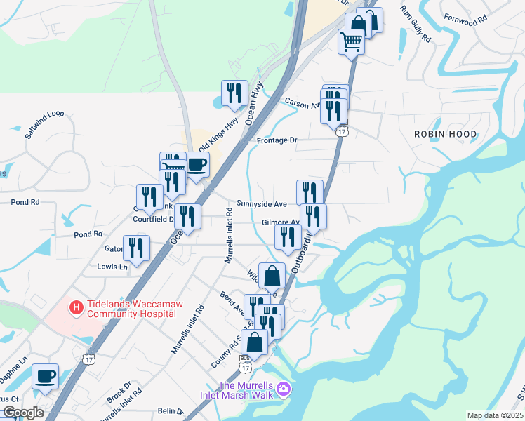 map of restaurants, bars, coffee shops, grocery stores, and more near 554 Gilmore Avenue in Murrells Inlet