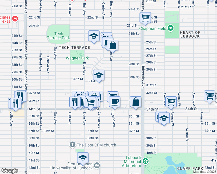 map of restaurants, bars, coffee shops, grocery stores, and more near 2703 31st Street in Lubbock