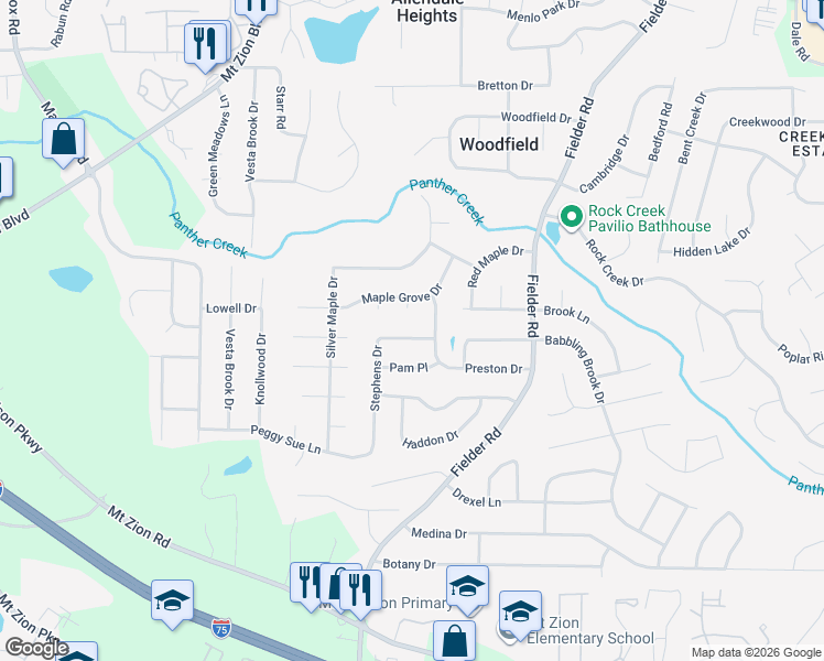 map of restaurants, bars, coffee shops, grocery stores, and more near 6887 Stephens Drive in Rex