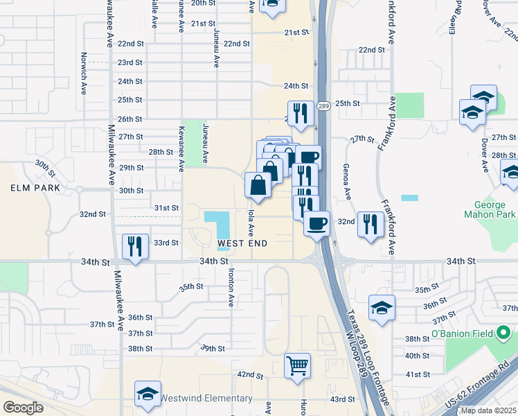 map of restaurants, bars, coffee shops, grocery stores, and more near 3030 West Loop 289 in Lubbock