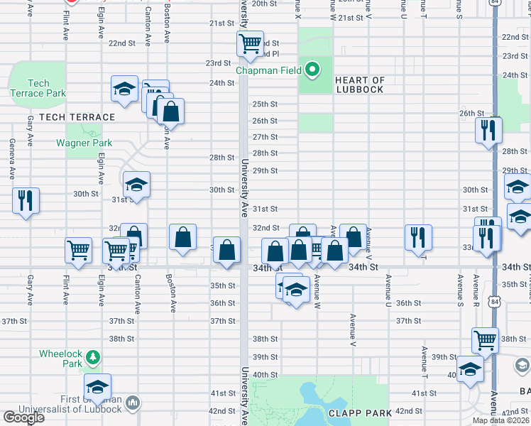 map of restaurants, bars, coffee shops, grocery stores, and more near 2419 31st Street in Lubbock
