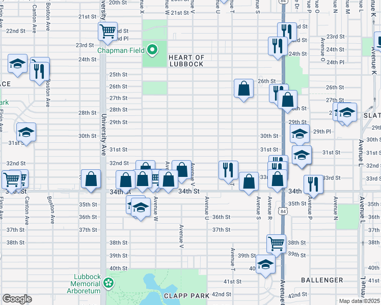 map of restaurants, bars, coffee shops, grocery stores, and more near 2206 32nd Street in Lubbock