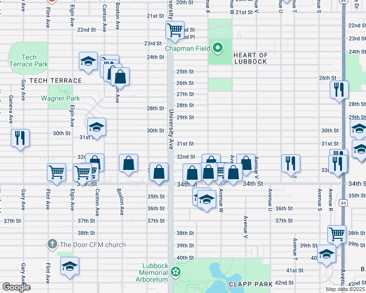 map of restaurants, bars, coffee shops, grocery stores, and more near 2421 31st Street in Lubbock