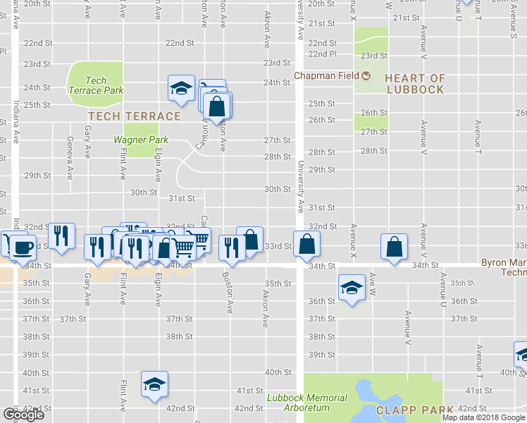 map of restaurants, bars, coffee shops, grocery stores, and more near 2601 31st Street in Lubbock