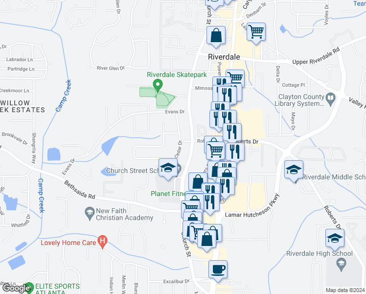 map of restaurants, bars, coffee shops, grocery stores, and more near 6922 Cedar Drive in Riverdale