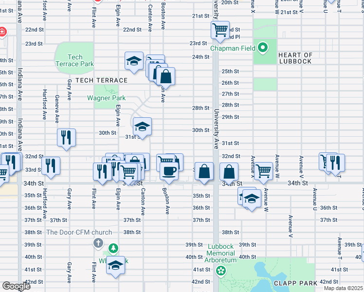 map of restaurants, bars, coffee shops, grocery stores, and more near 2609 31st Street in Lubbock