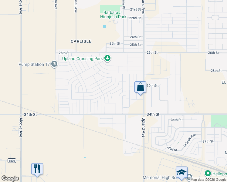 map of restaurants, bars, coffee shops, grocery stores, and more near 32nd Street in Lubbock