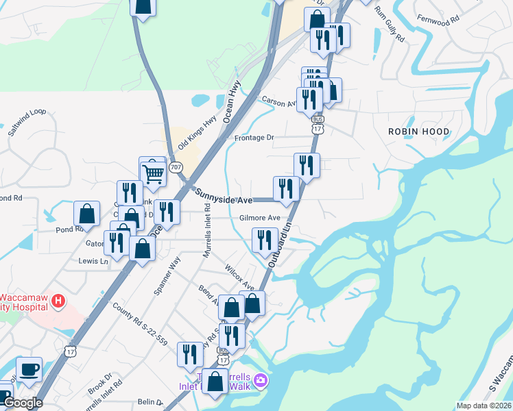 map of restaurants, bars, coffee shops, grocery stores, and more near 508 Gilmore Avenue in Murrells Inlet