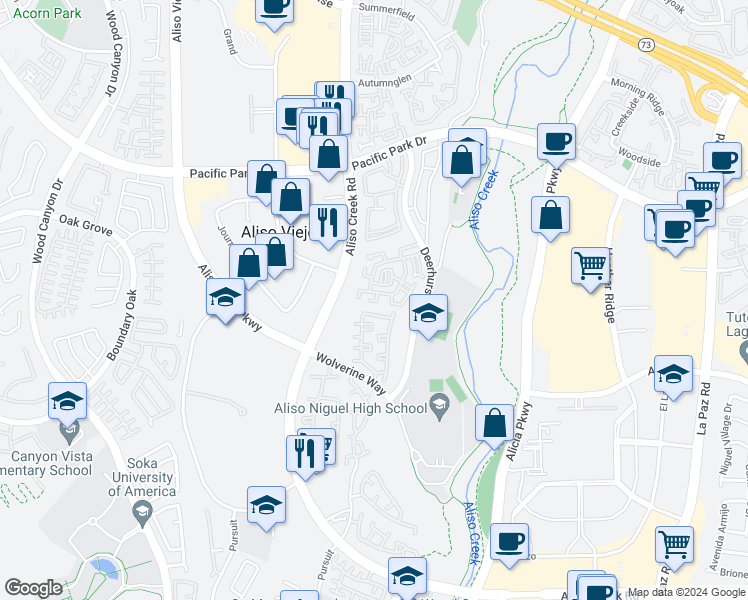 map of restaurants, bars, coffee shops, grocery stores, and more near 115 Sandcastle in Aliso Viejo