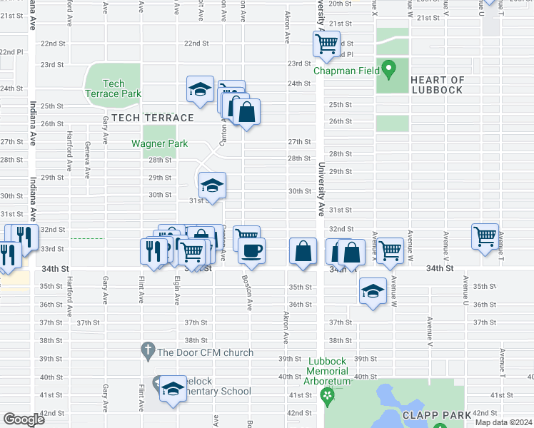 map of restaurants, bars, coffee shops, grocery stores, and more near 2614 32nd Street in Lubbock