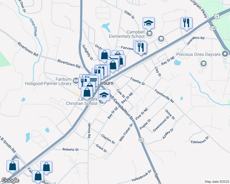 map of restaurants, bars, coffee shops, grocery stores, and more near 101 Cole Street in Fairburn