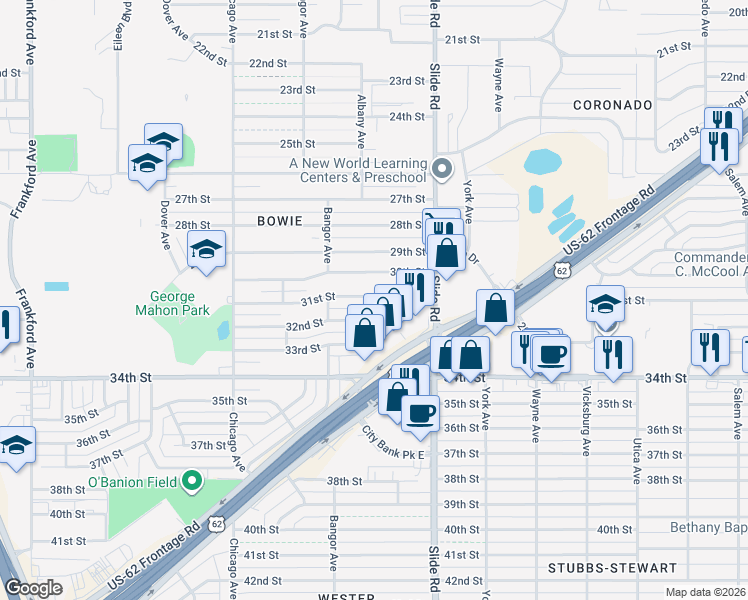 map of restaurants, bars, coffee shops, grocery stores, and more near 3112 Aberdeen Avenue in Lubbock