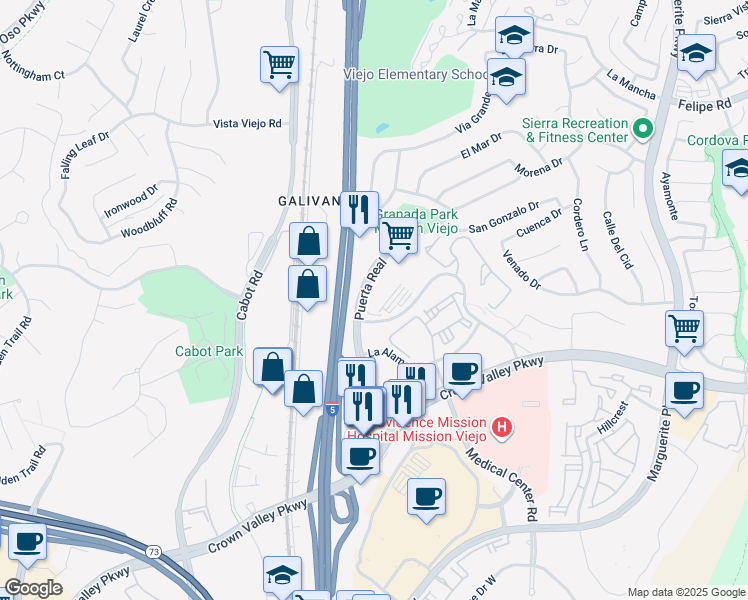 map of restaurants, bars, coffee shops, grocery stores, and more near 27274 Las Ramblas in Mission Viejo