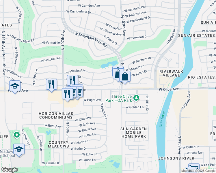 map of restaurants, bars, coffee shops, grocery stores, and more near 10345 West Caron Drive in Sun City