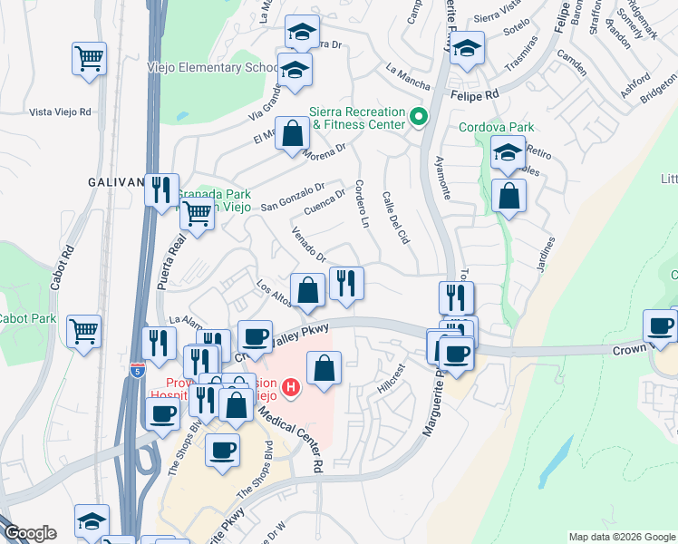 map of restaurants, bars, coffee shops, grocery stores, and more near 26763 Plaza in Mission Viejo