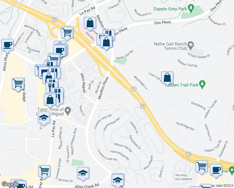 map of restaurants, bars, coffee shops, grocery stores, and more near 12 Somerset Court in Laguna Niguel