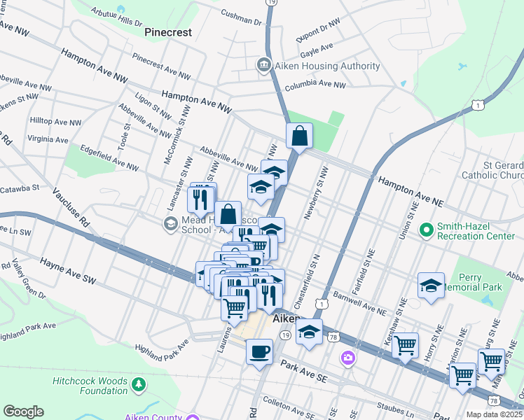 map of restaurants, bars, coffee shops, grocery stores, and more near in Aiken