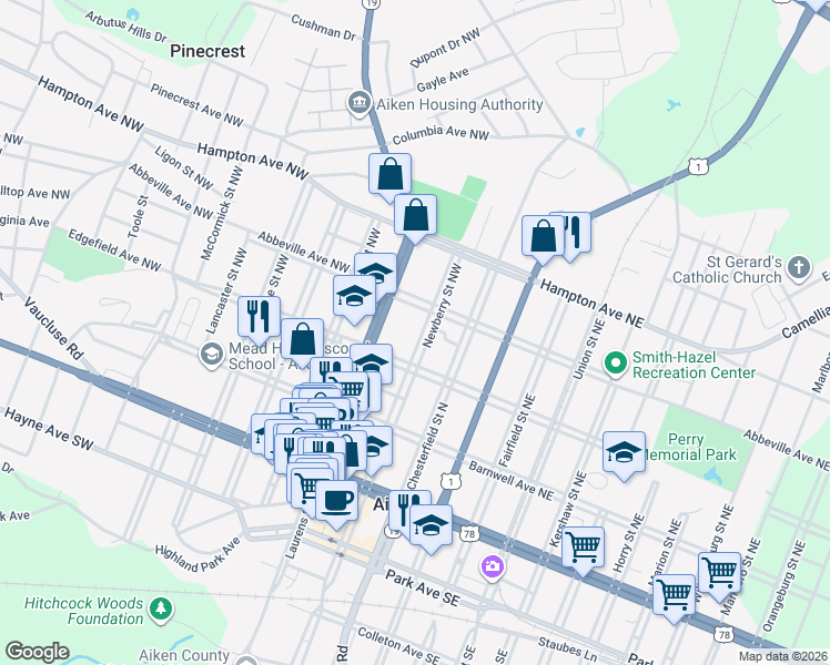 map of restaurants, bars, coffee shops, grocery stores, and more near 318 Newberry Street Northwest in Aiken
