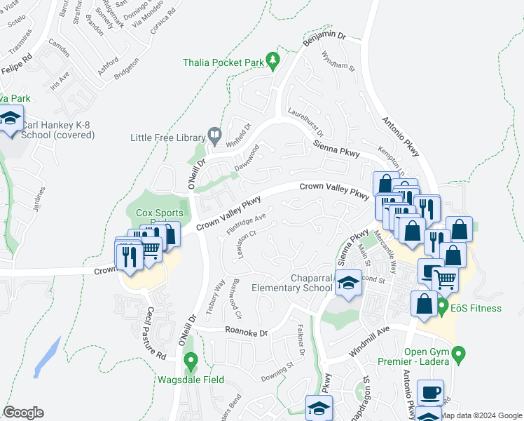 map of restaurants, bars, coffee shops, grocery stores, and more near 19 Flintridge Avenue in Ladera Ranch