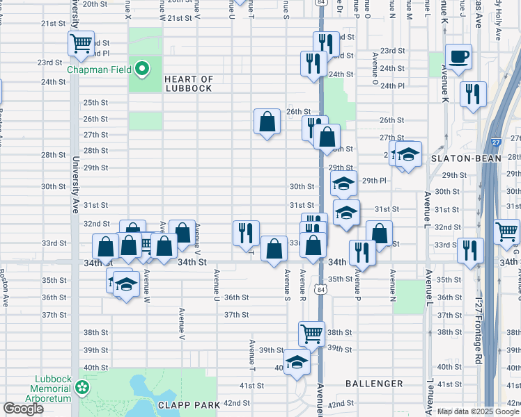 map of restaurants, bars, coffee shops, grocery stores, and more near 1920 32nd Street in Lubbock
