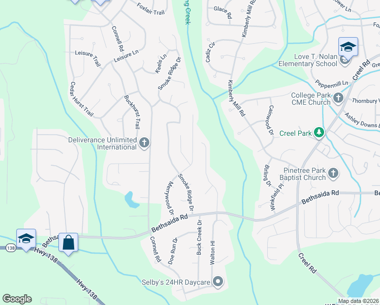 map of restaurants, bars, coffee shops, grocery stores, and more near 6878 Merrywood Drive in Fairburn