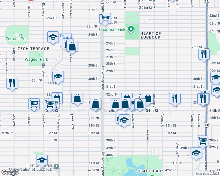 map of restaurants, bars, coffee shops, grocery stores, and more near 2422 32nd Street in Lubbock