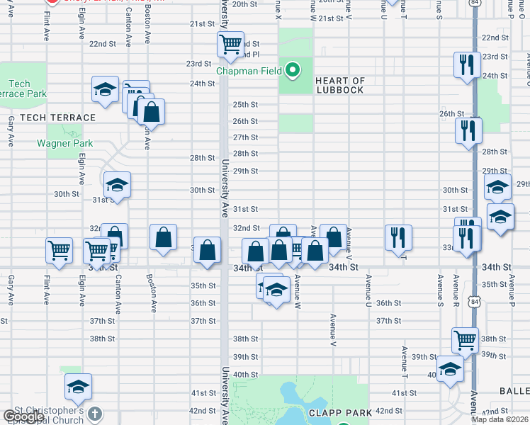 map of restaurants, bars, coffee shops, grocery stores, and more near 2408 32nd Street in Lubbock