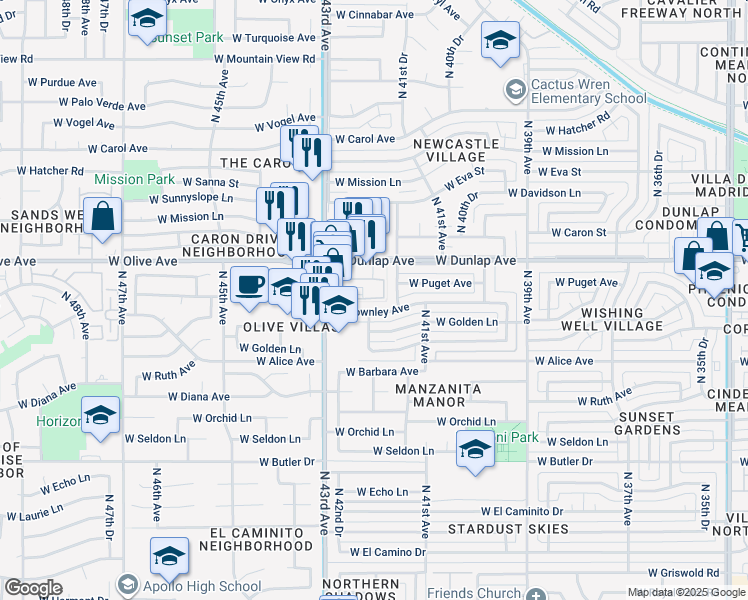 map of restaurants, bars, coffee shops, grocery stores, and more near 4221 West Dunlap Avenue in Phoenix