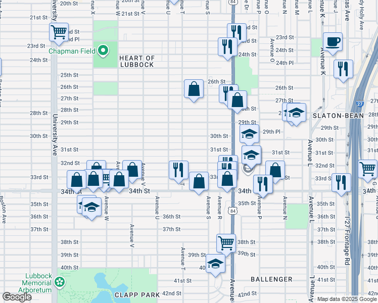 map of restaurants, bars, coffee shops, grocery stores, and more near 1920 32nd Street in Lubbock