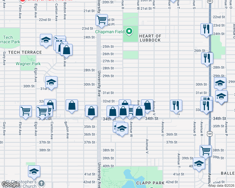 map of restaurants, bars, coffee shops, grocery stores, and more near 2408 32nd Street in Lubbock