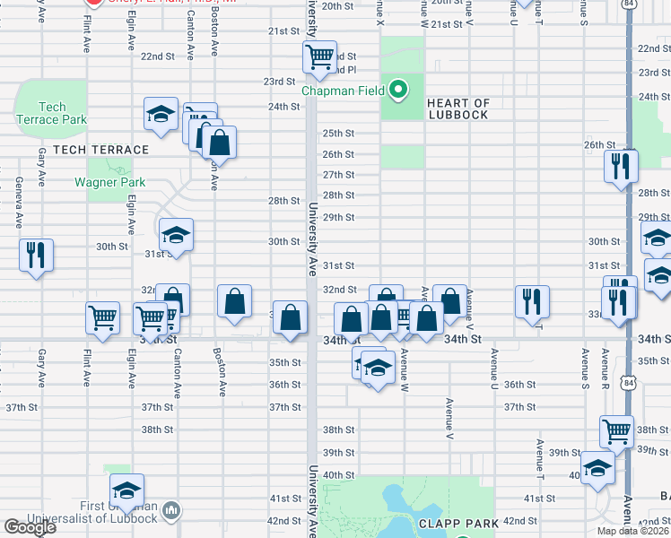 map of restaurants, bars, coffee shops, grocery stores, and more near 2422 32nd Street in Lubbock