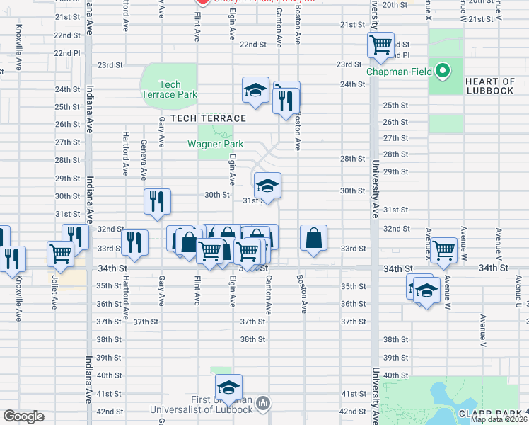 map of restaurants, bars, coffee shops, grocery stores, and more near 3102 Canton Avenue in Lubbock
