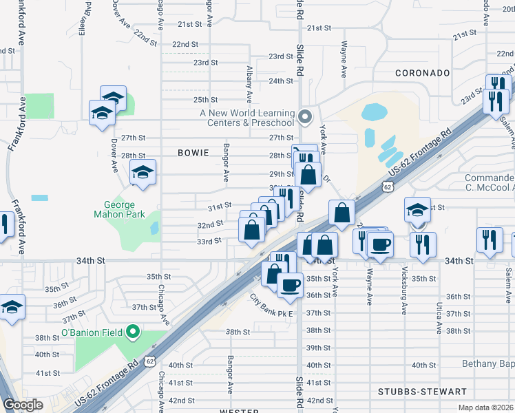 map of restaurants, bars, coffee shops, grocery stores, and more near 3112 Aberdeen Avenue in Lubbock