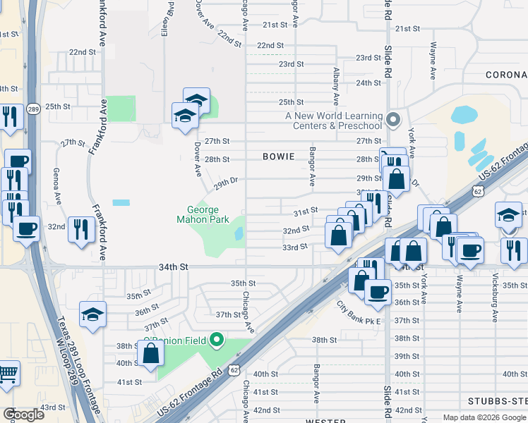 map of restaurants, bars, coffee shops, grocery stores, and more near 5424 32nd Street in Lubbock