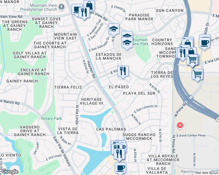 map of restaurants, bars, coffee shops, grocery stores, and more near 8415 East San Pedro Drive in Scottsdale