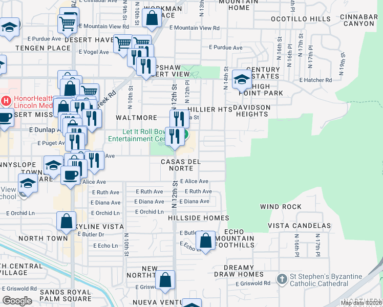 map of restaurants, bars, coffee shops, grocery stores, and more near 1217 East Townley Avenue in Phoenix