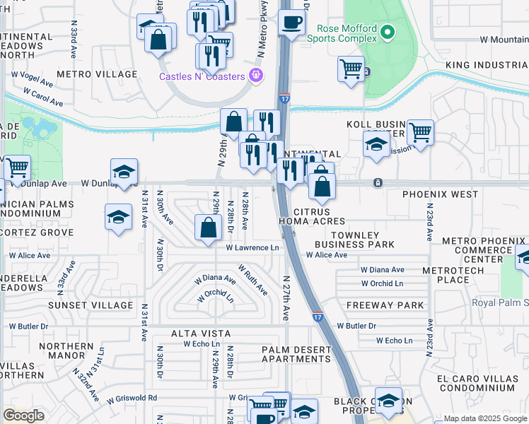 map of restaurants, bars, coffee shops, grocery stores, and more near 8747 North 28th Avenue in Phoenix