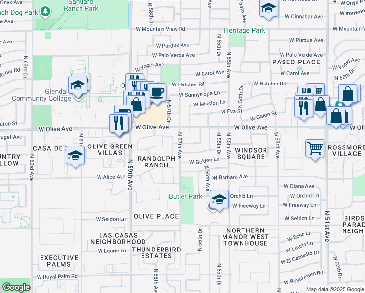 map of restaurants, bars, coffee shops, grocery stores, and more near 5667 West Townley Avenue in Glendale