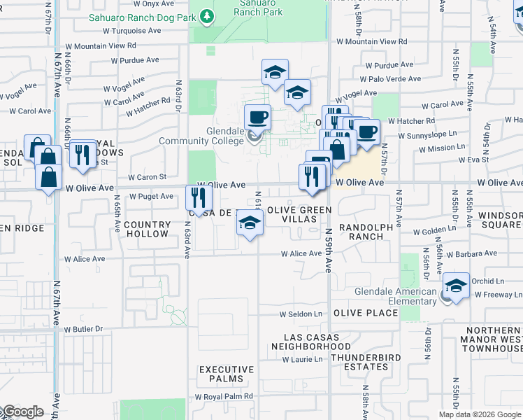 map of restaurants, bars, coffee shops, grocery stores, and more near 6118 West Townley Avenue in Glendale
