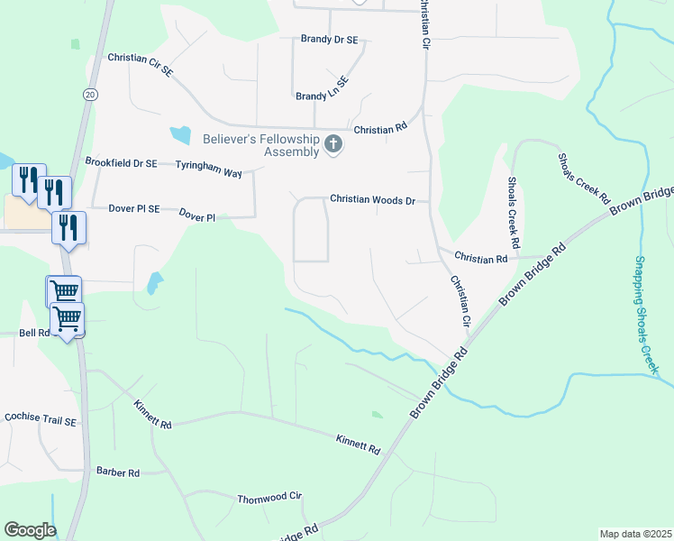 map of restaurants, bars, coffee shops, grocery stores, and more near 330 Christian Woods Drive in Conyers