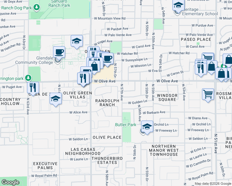 map of restaurants, bars, coffee shops, grocery stores, and more near 5778 West Golden Lane in Glendale