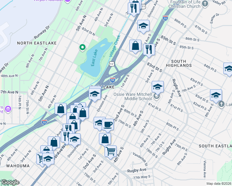 map of restaurants, bars, coffee shops, grocery stores, and more near 8025 1st Avenue North in Birmingham